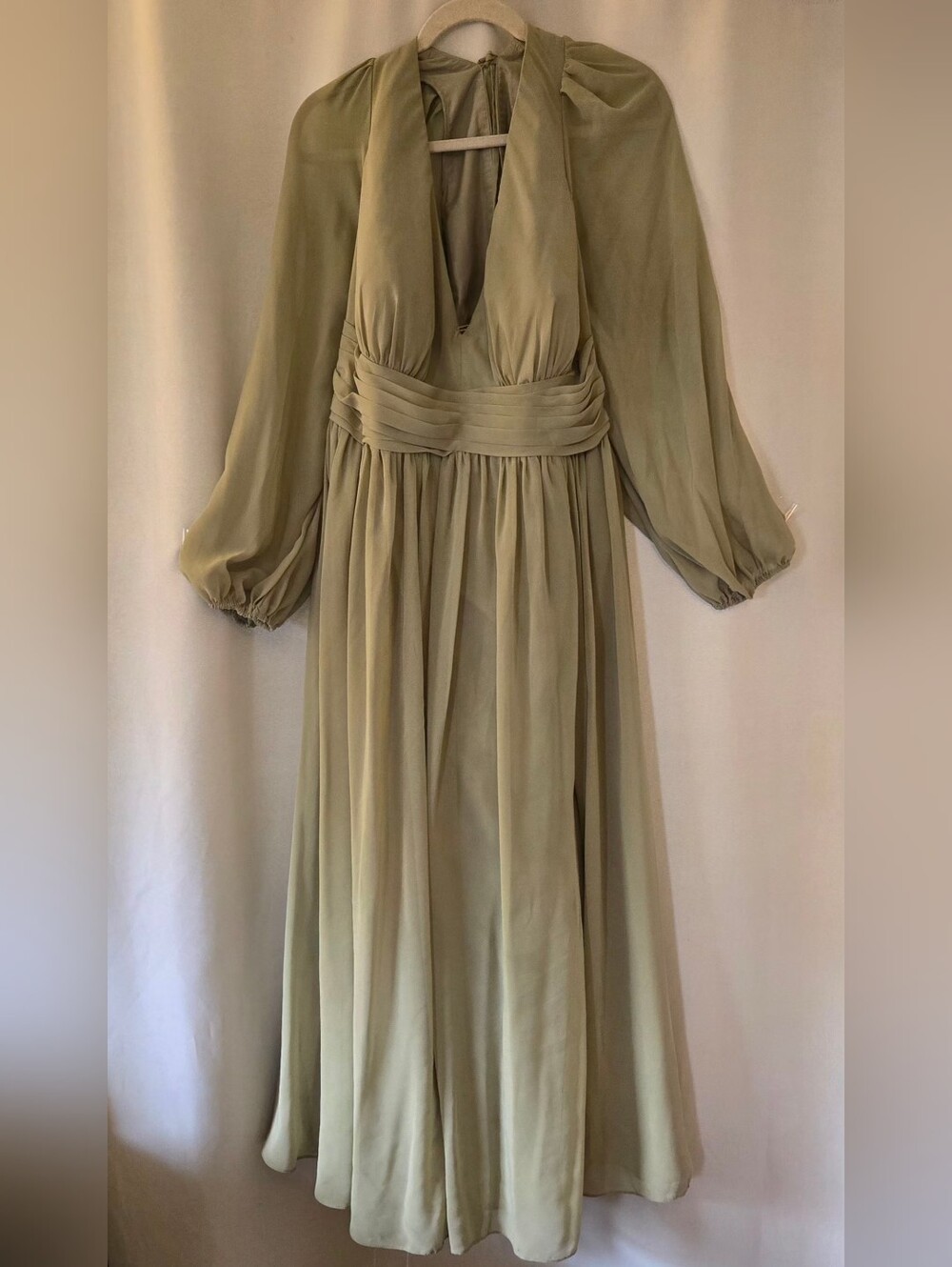 Azazie Norah Sage Green Deep V Maxi Dress with Pleated Waist